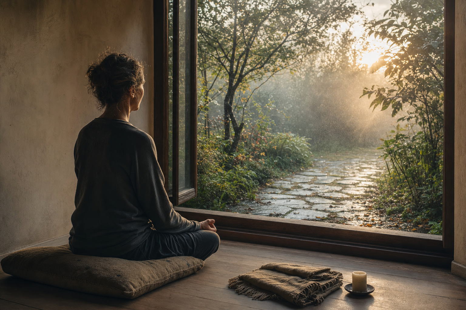 A person meditates beside an open window at dawn while changing weather clears over a garden path outside.