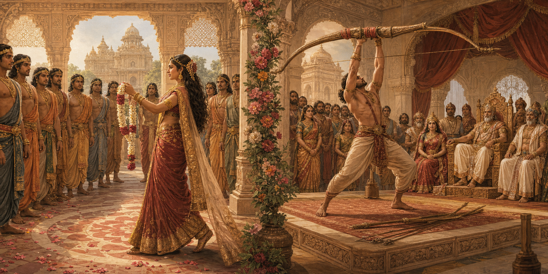 Two adjoining palace scenes show a woman selecting among suitors with a garland and a suitor completing a ceremonial bow challenge before a royal court.