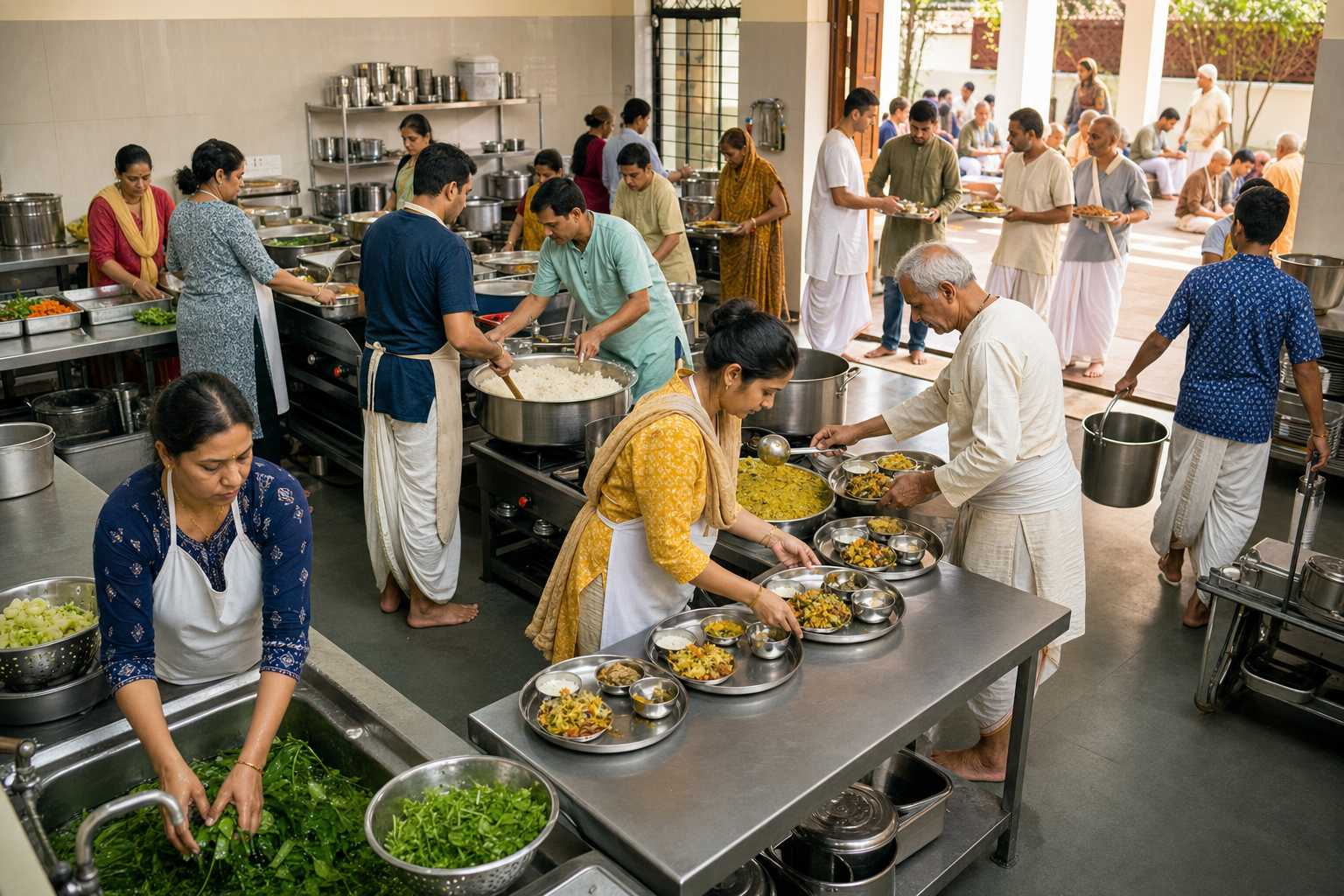 Volunteers prepare and plate rice, dal, and vegetables in an organized community kitchen.