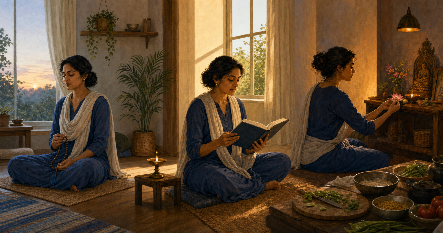 Three connected scenes show one practitioner meditating at dawn, studying at midday and worshipping while preparing food at dusk.