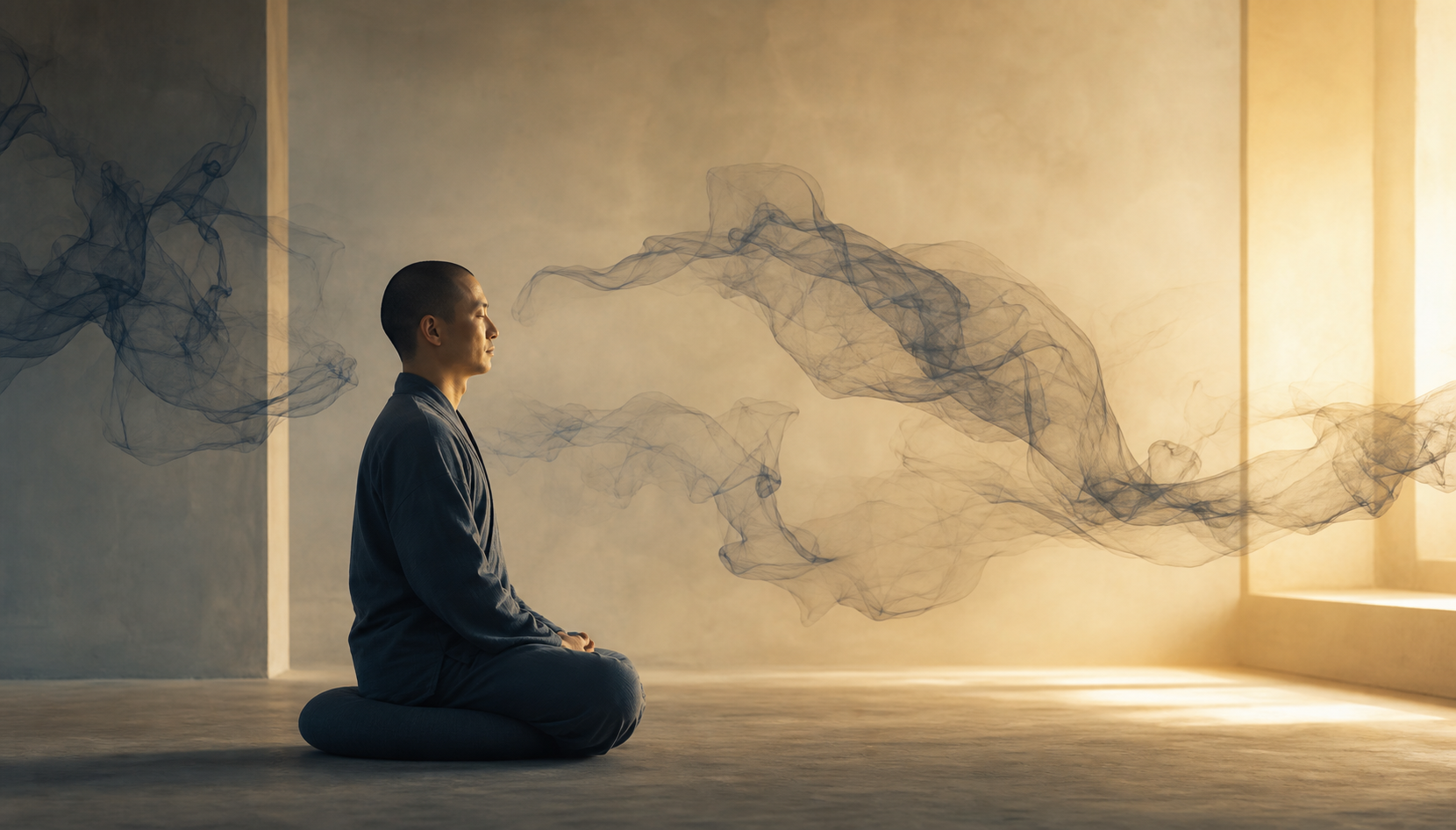 A seated meditator remains still as a dark translucent swirl passes through warm light around them.