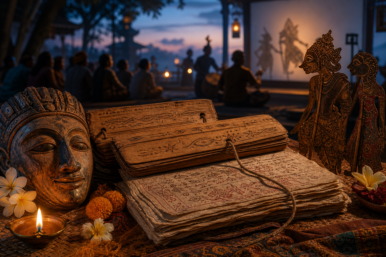 Manuscripts, shadow puppets, a carved mask, flowers, and an oil lamp represent literary, oral, and performance traditions of the Ramayana.