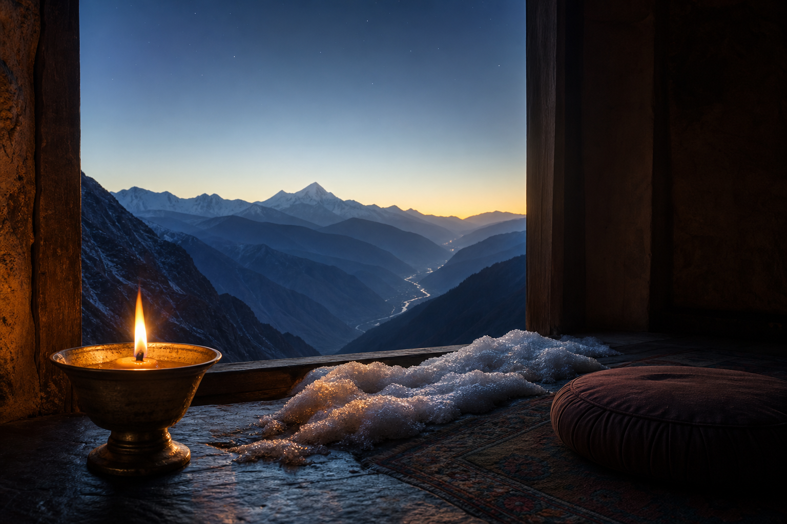 A butter lamp burns beside melting snow on a windowsill overlooking mountains at dawn.
