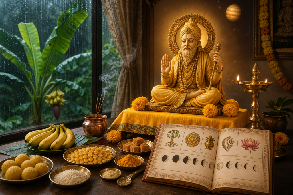 Shravan Guruvar Puja altar with a golden Brihaspati figure, diya, marigolds, offerings and panchang beside a rain-soaked banana plant.