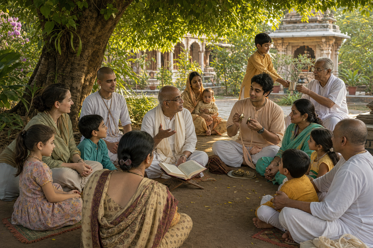 Adults, elders, and children gather in a temple garden for an informal devotional learning circle.