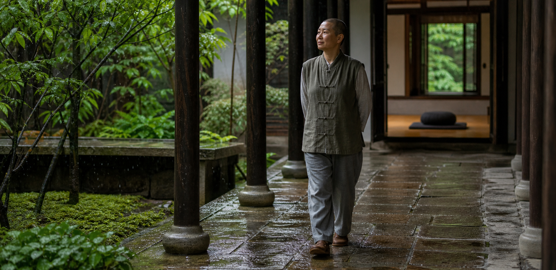 A relaxed practitioner walks mindfully along a rain-damp garden path beside an open meditation room.
