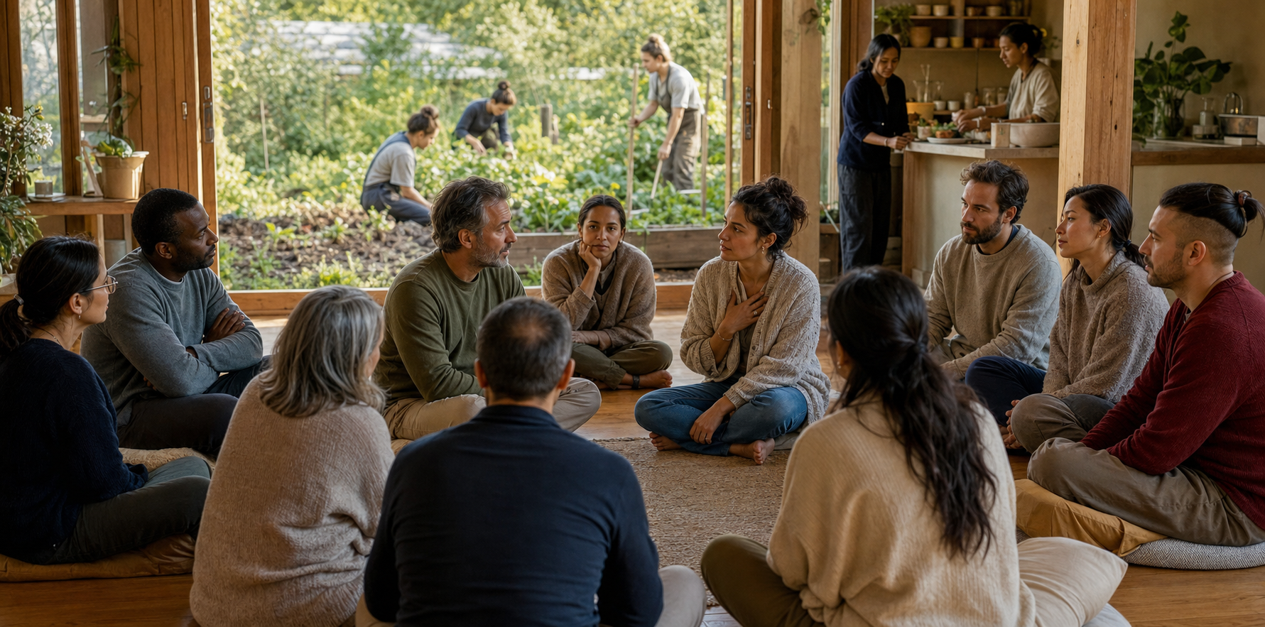 Members of a meditation community sit in a listening circle inside a timber hall while others cooperate in a garden and shared kitchen beyond open doors.