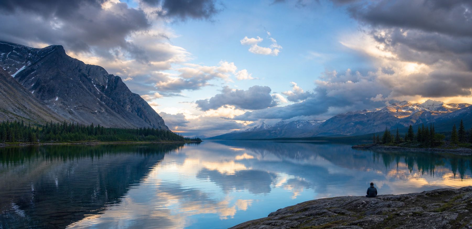 A small seated practitioner faces an alpine lake reflecting clear sky while storm clouds recede at the edges.