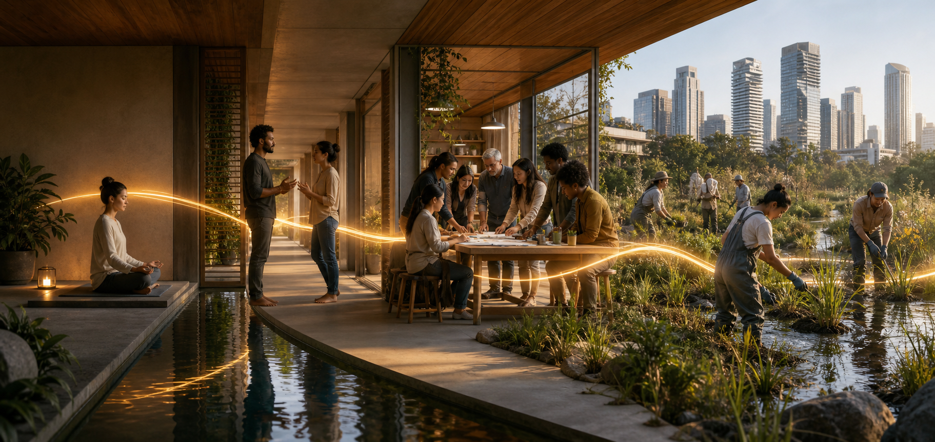 A panoramic scene connects solitary meditation, a two-person dialogue, community cooperation, and volunteers restoring a wetland near a city.