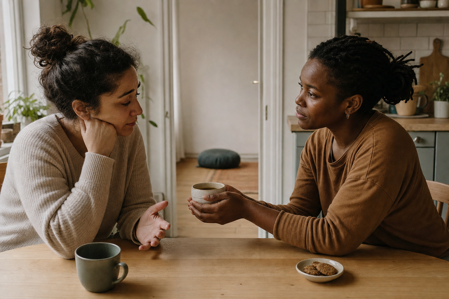 One person listens attentively to a distressed companion and offers them tea at a kitchen table.