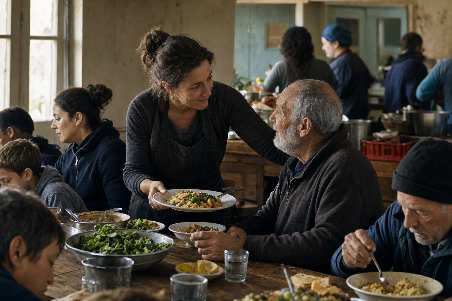 A practitioner serves a meal to people gathered around a community table and speaks warmly with an elderly guest.