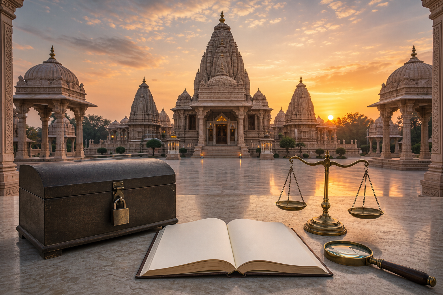 A temple at dawn behind a sealed donation chest, an open ledger, a magnifying glass, and a brass balance scale.