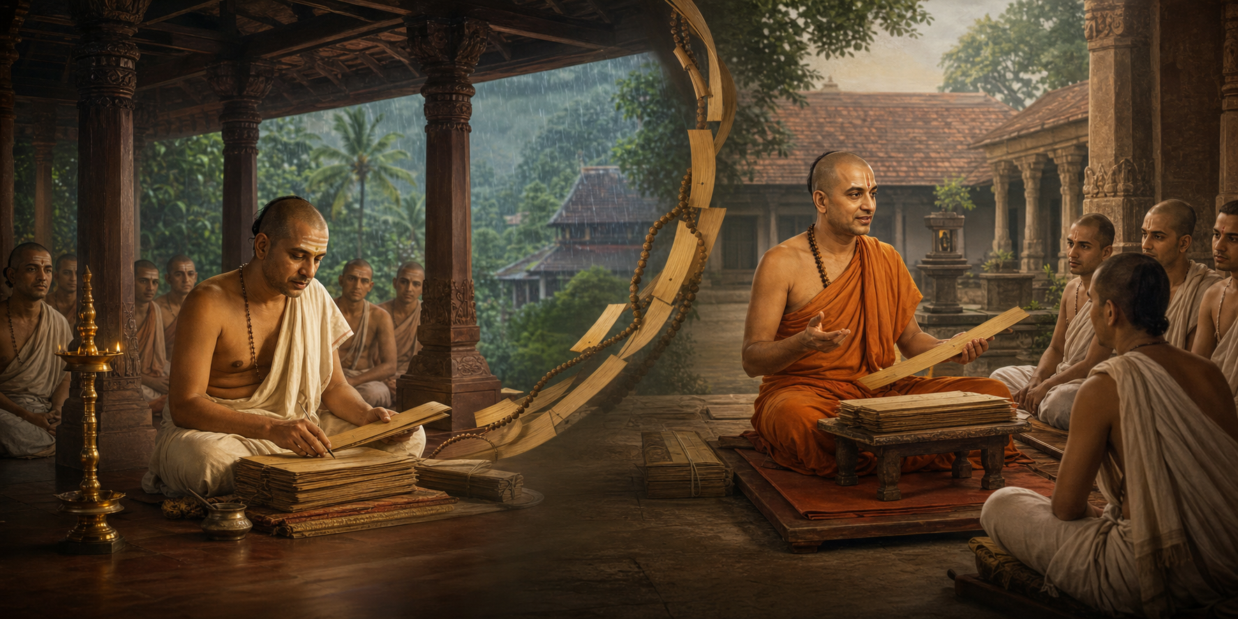 Illustration of Narayana Bhattathiri composing beside a Kerala temple and Vijayendra Tirtha teaching scholars in a monastery courtyard.