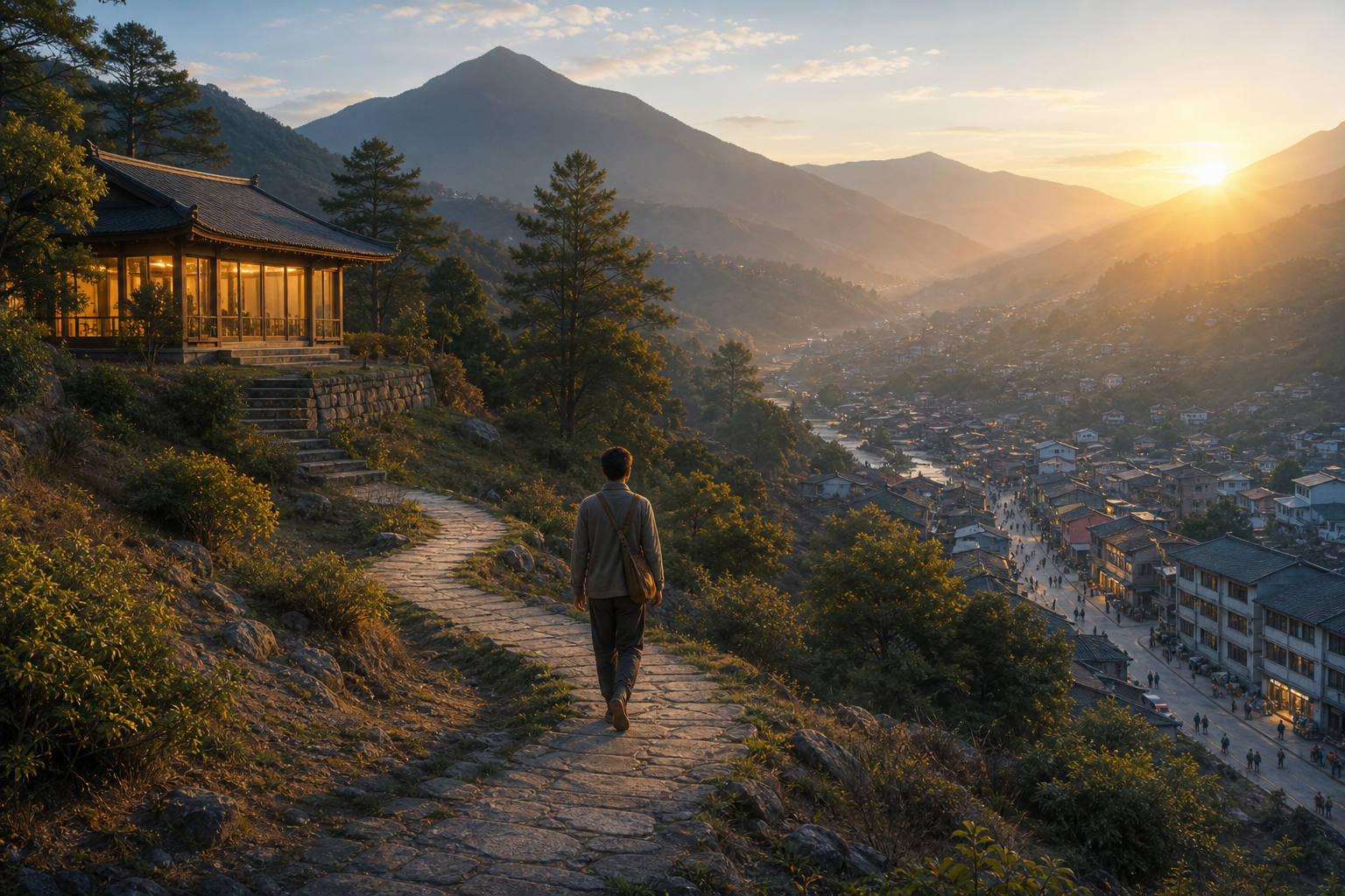 A practitioner walks from a quiet mountain retreat toward a town in the valley at sunrise.