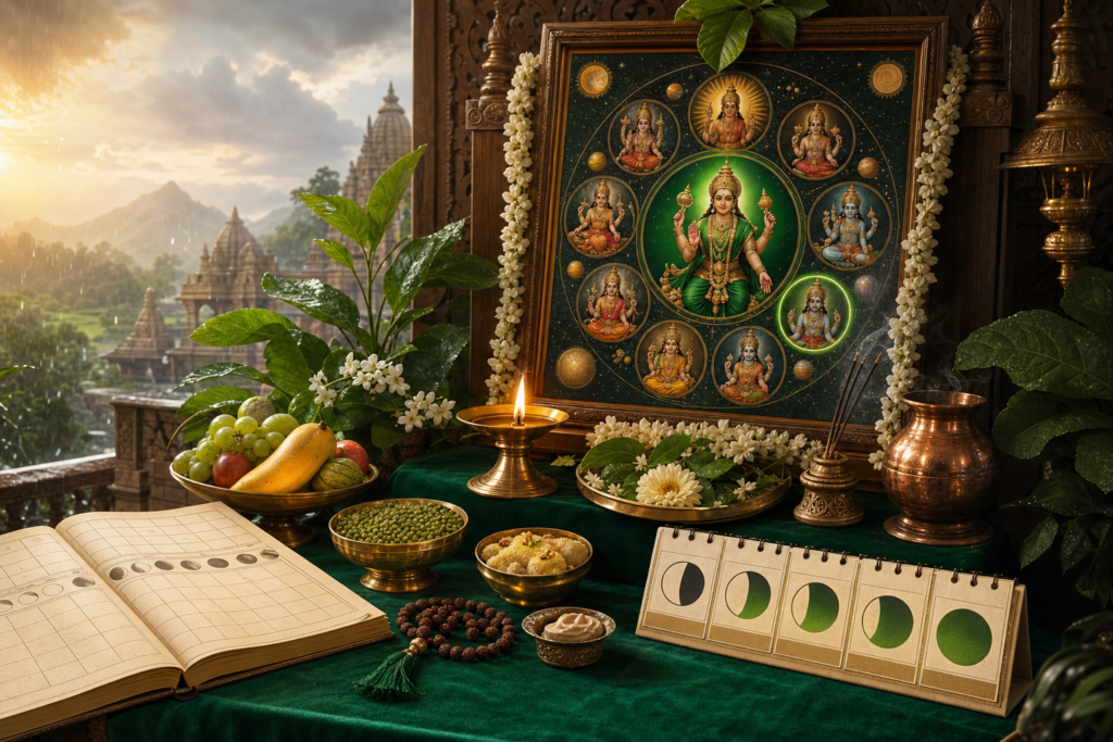 Budh Pujan altar with a Navagraha image, green offerings, Panchang and Wednesday calendar during the monsoon.