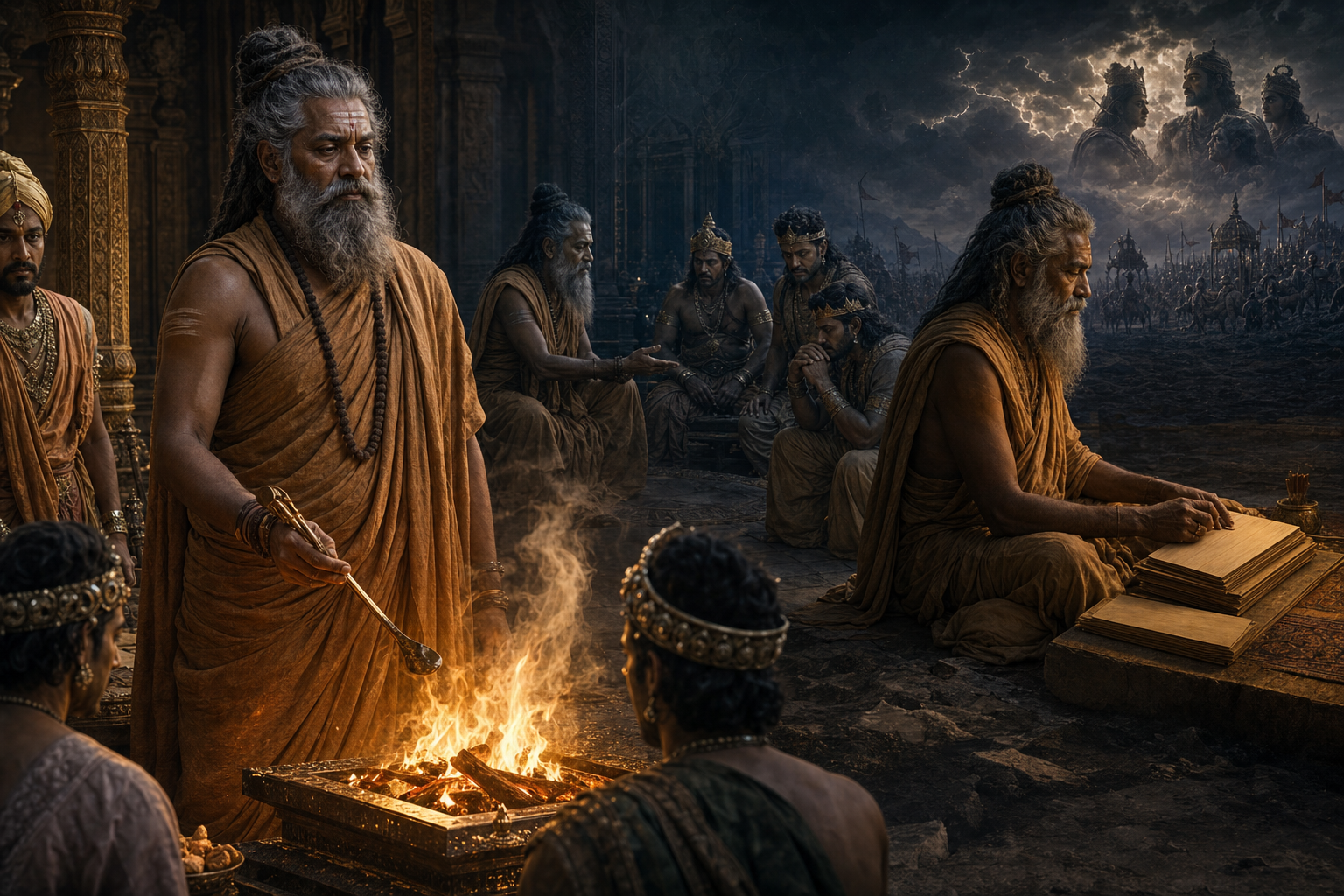 Vyasa stands between a Kuru family ritual, a troubled royal court, and blank palm-leaf folios, with a distant battlefield beneath storm clouds.