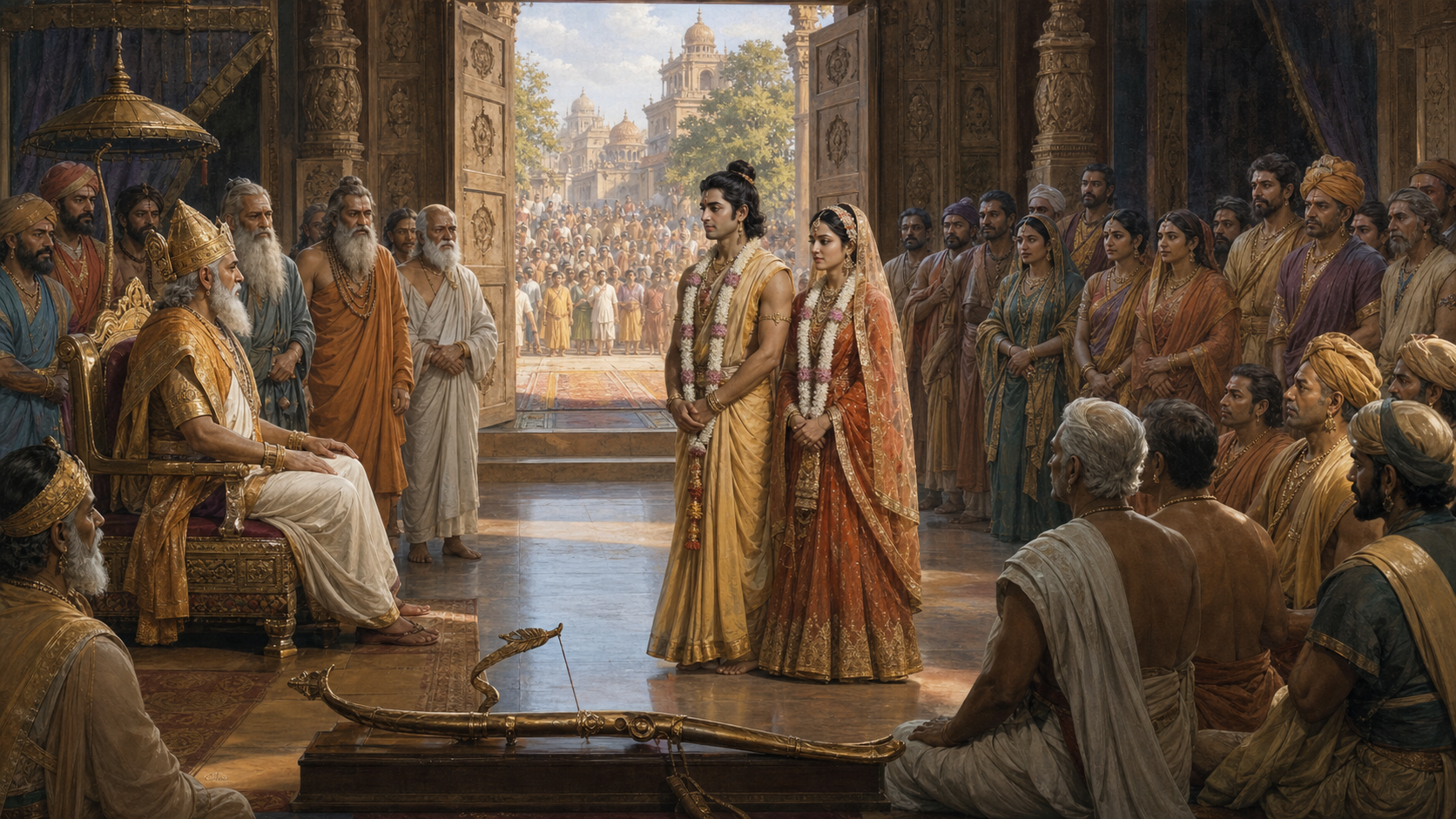 Sita and Rama stand before King Janaka, sages, relatives, and citizens in a royal hall with a ceremonial bow in the foreground.
