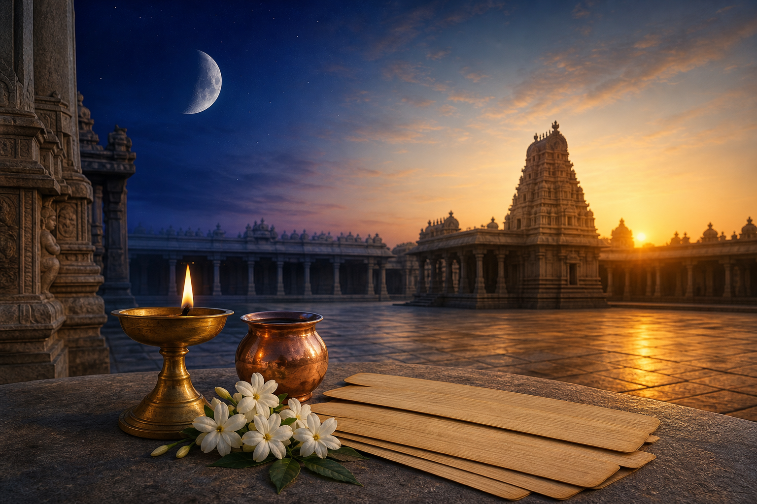 A waning moon hangs above a temple courtyard transitioning from blue predawn to golden morning, with a brass lamp, copper vessel, flowers, and unmarked palm leaves in the foreground.