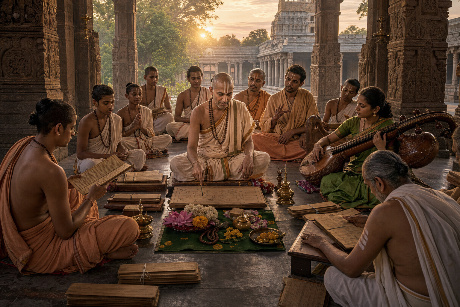 Teachers, students, manuscript caretakers, patrons and temple attendants gather in the courtyard of a South Indian sacred learning institution.