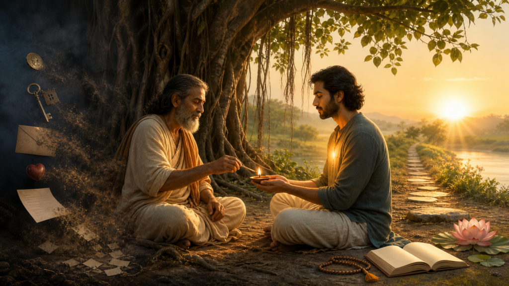 South Asian spiritual teacher lights a seeker's clay oil lamp beneath a banyan tree at sunrise.