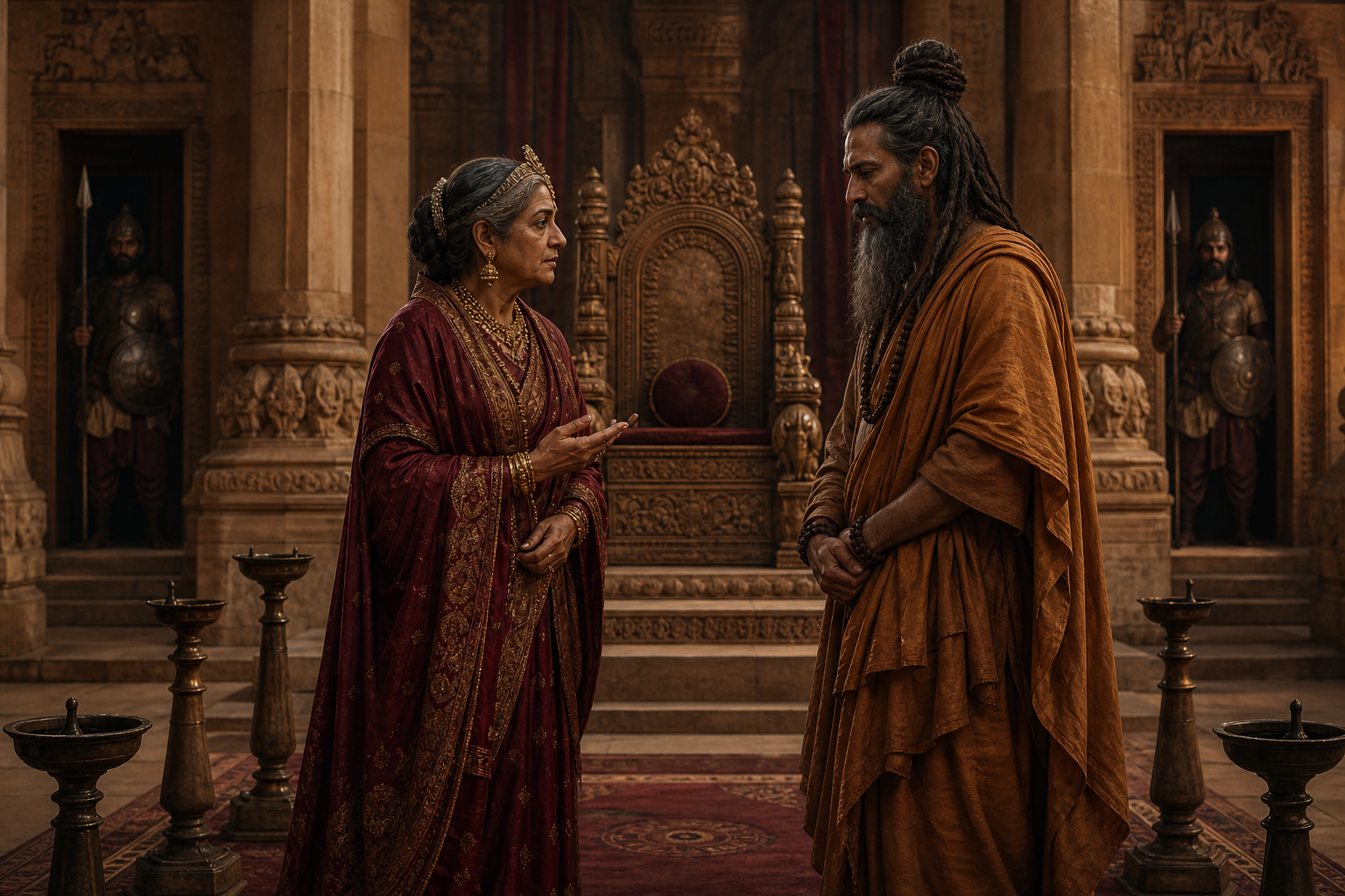 Satyavati consults Vyasa beside an empty throne in a dimly lit royal palace.