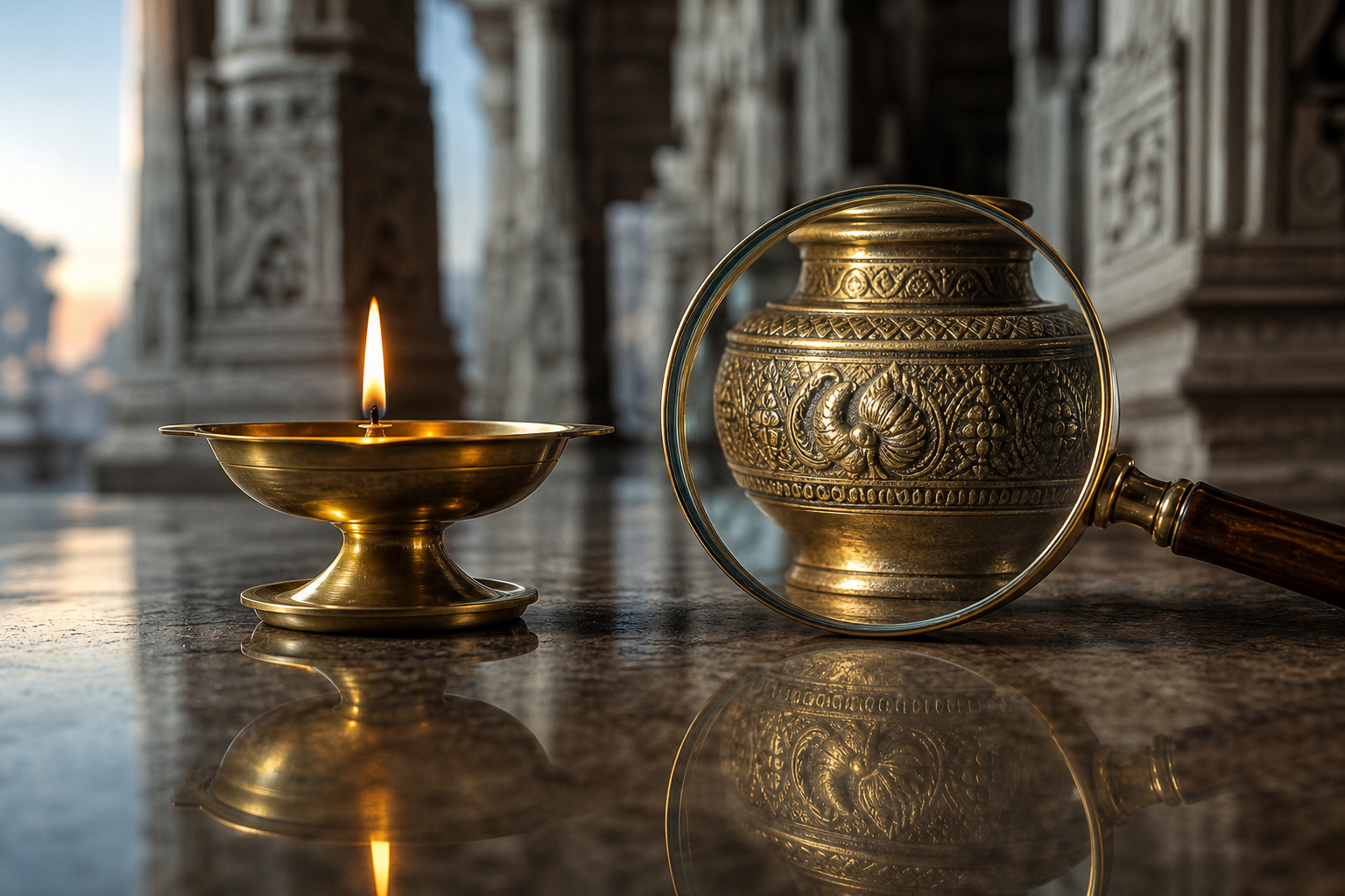 A lit brass oil lamp and a magnifying glass rest together inside a quiet temple colonnade.