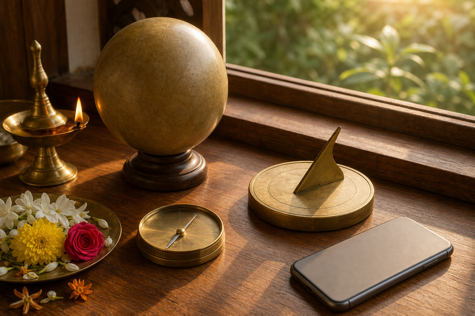 An unmarked globe, brass compass, sundial, smartphone, oil lamp, and flowers sit on a wooden table in morning sunlight.
