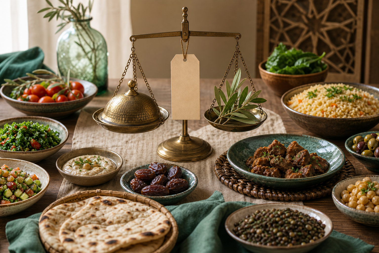 A shared food table with grains, dates, vegetables, bread, legumes, a meat dish, a balance scale, and an unmarked tag.