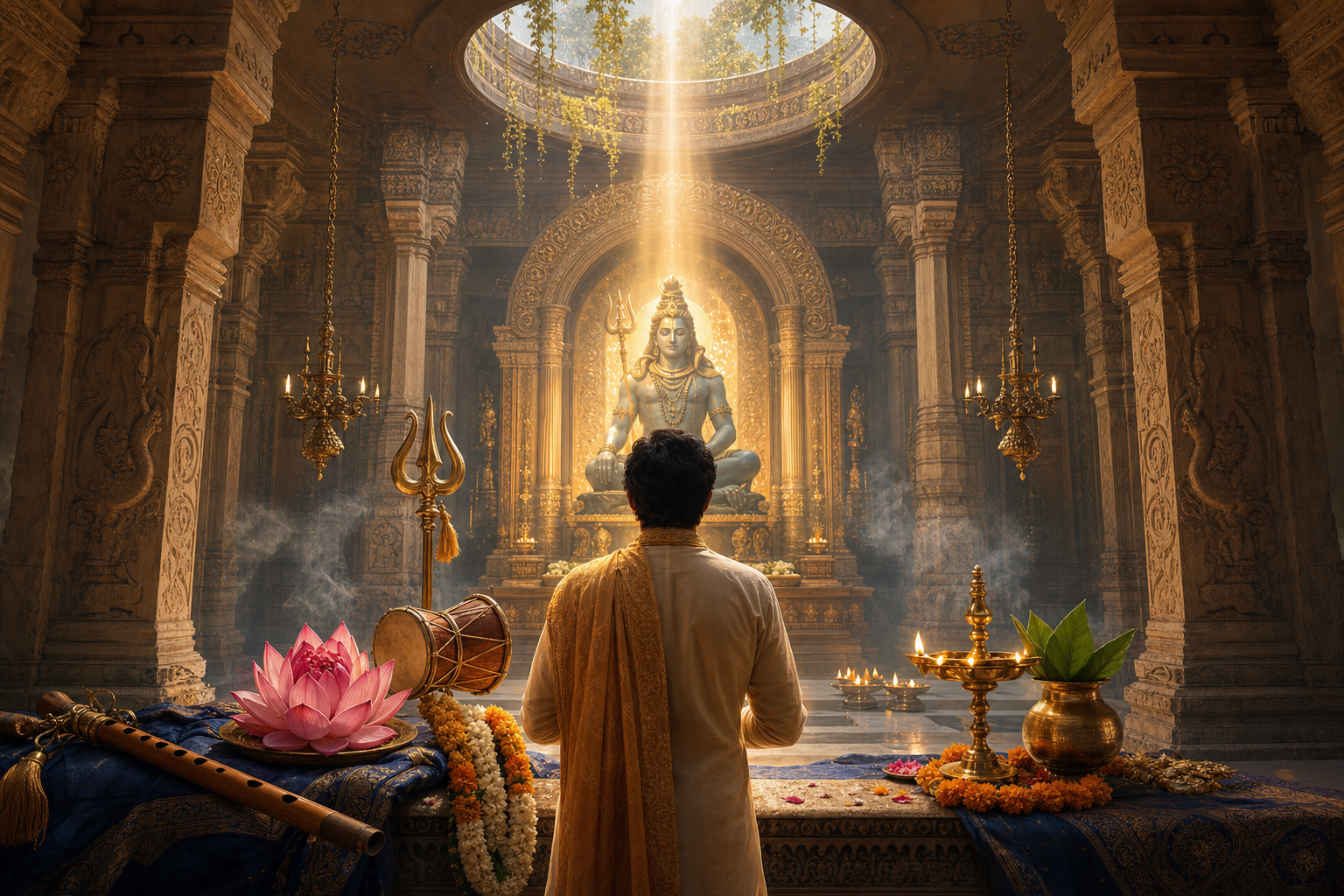 A devotee stands before a luminous temple shrine surrounded by a flute, lotus, trident, drum, prayer lamp, flowers, and a rising beam of light.