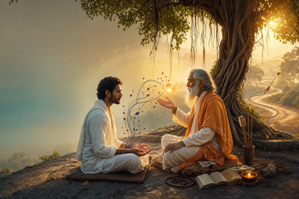 Hindu guru guiding a seated disciple beneath a banyan tree as indigo karma threads transform into a golden flame at dawn.