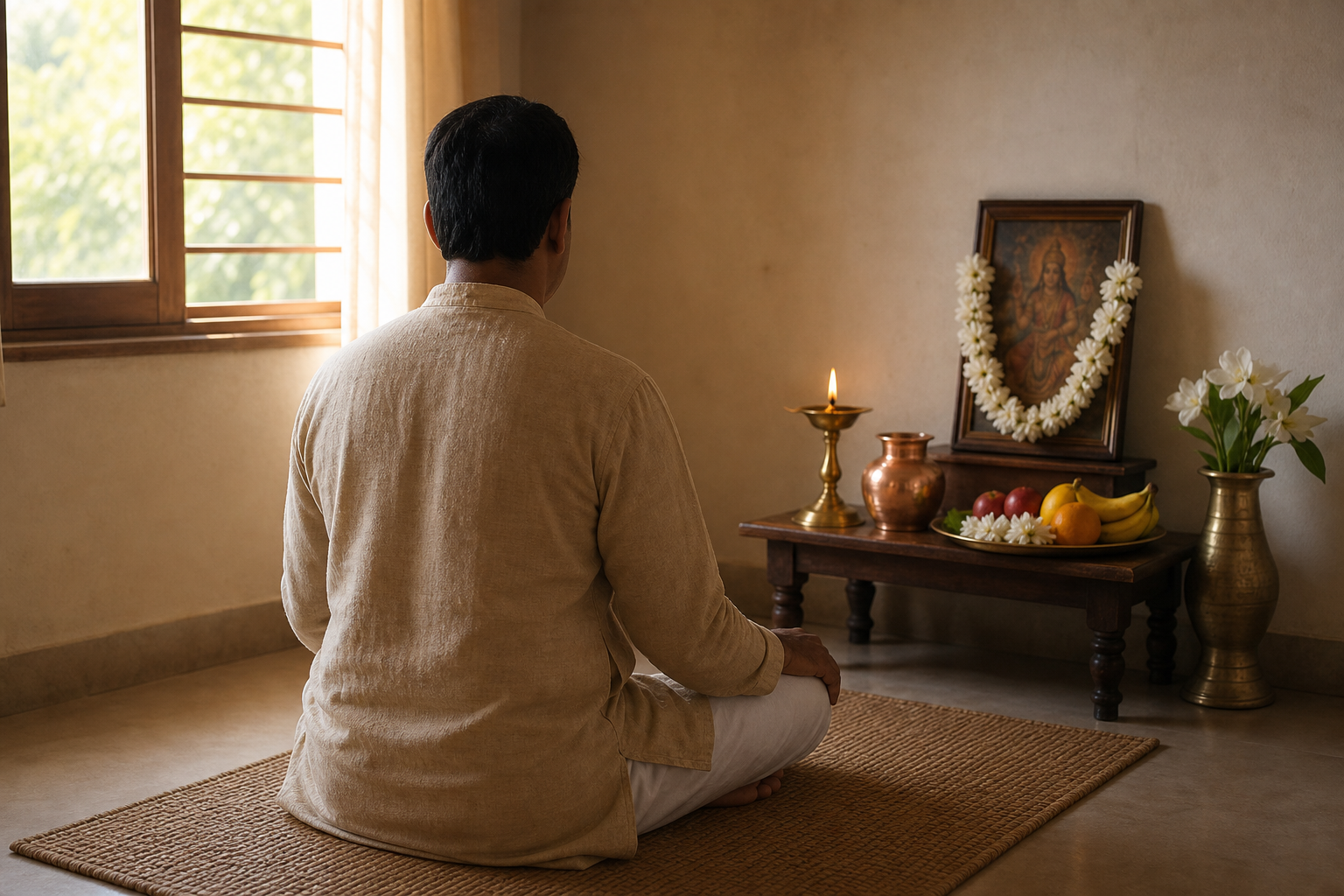 A person sits in quiet reflection on a woven mat before a home altar with a lit brass lamp, flowers, fruit, and a copper vessel.