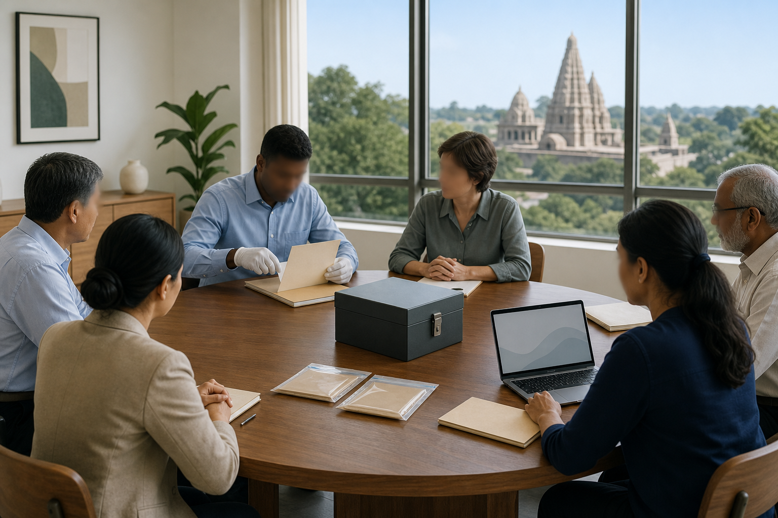 Anonymous trustees, accountants and community representatives review blank financial records together at a circular table overlooking a temple.