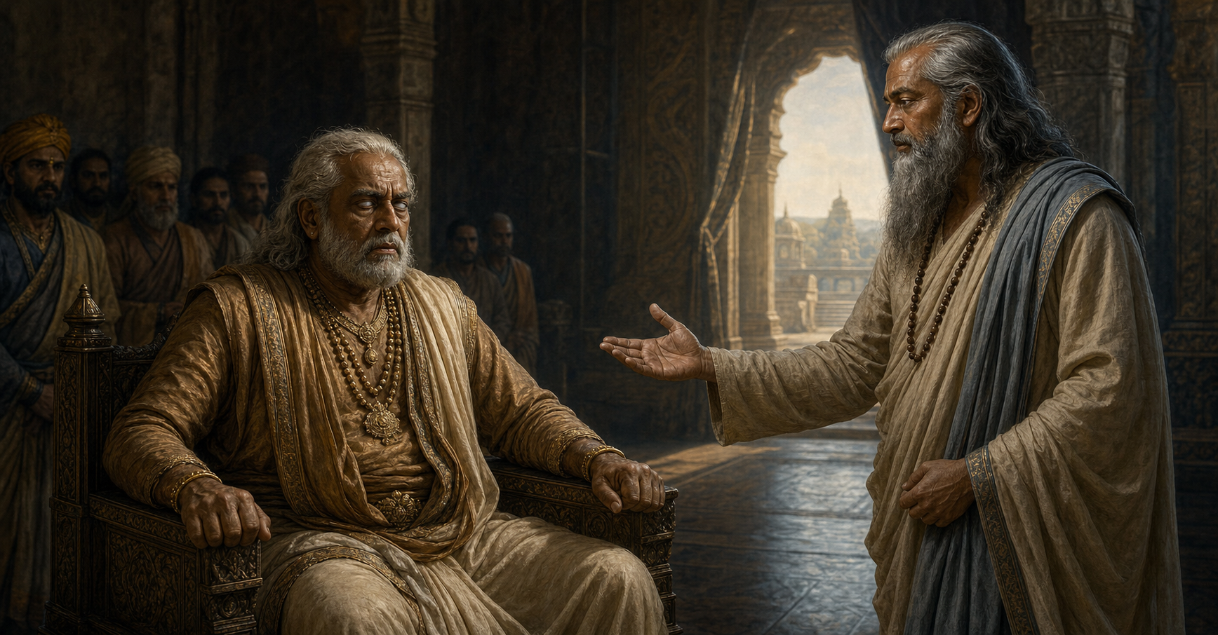 Vyasa offers counsel to the seated blind king Dhritarashtra while courtiers wait in the shadows.