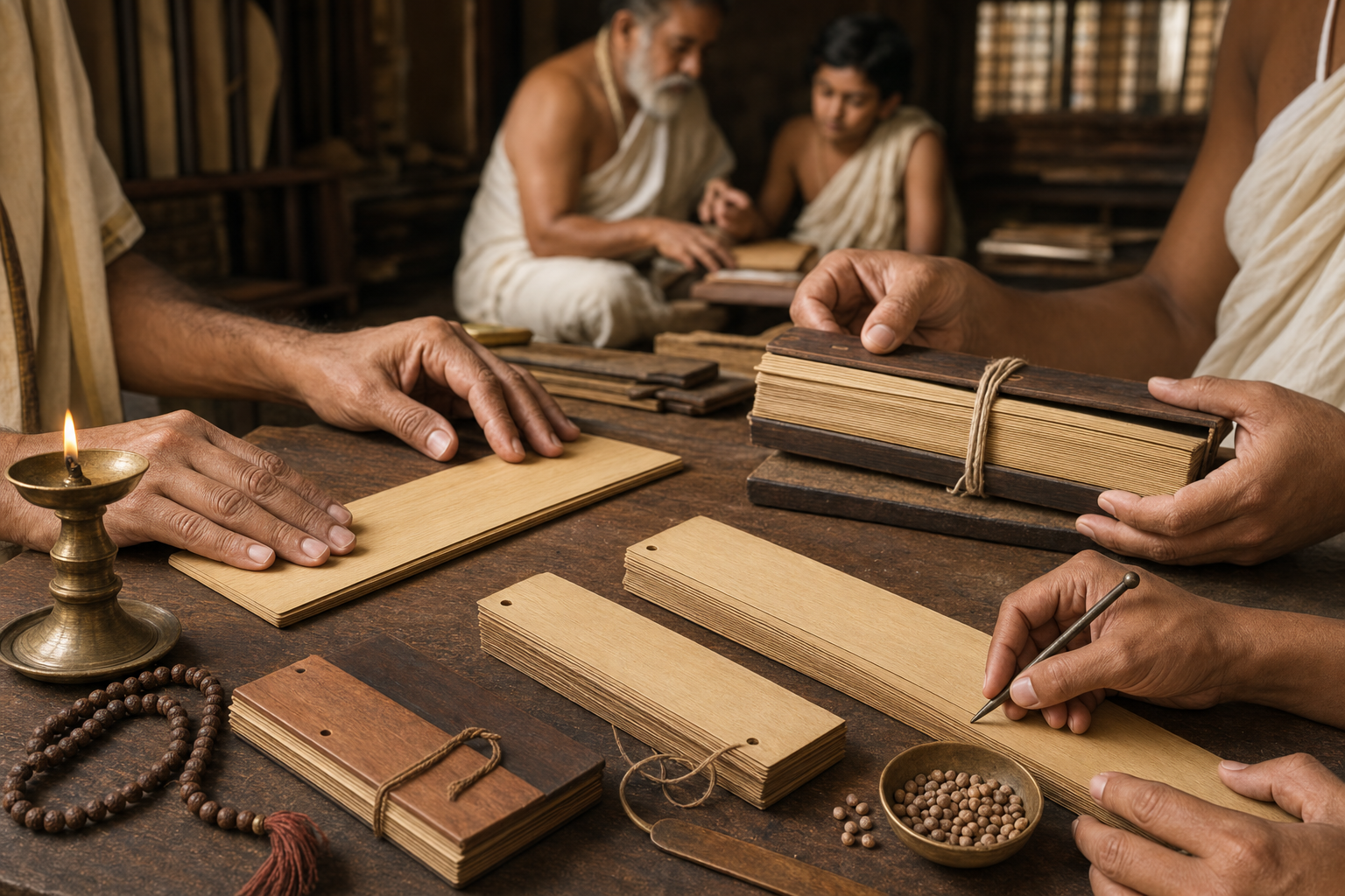 Scholars and scribes prepare, compare and preserve several kinds of palm-leaf manuscript bundles around a wooden table.