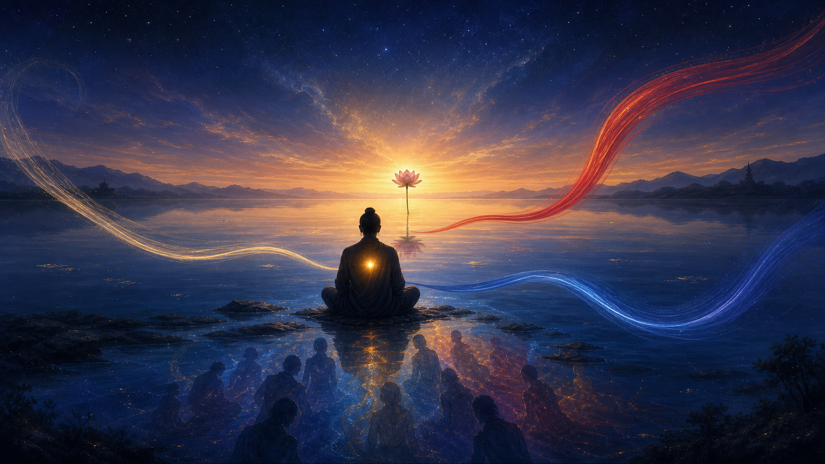 A seated figure with a golden light at the chest faces a cosmic lake where the reflection divides into many translucent forms surrounded by three colored strands.