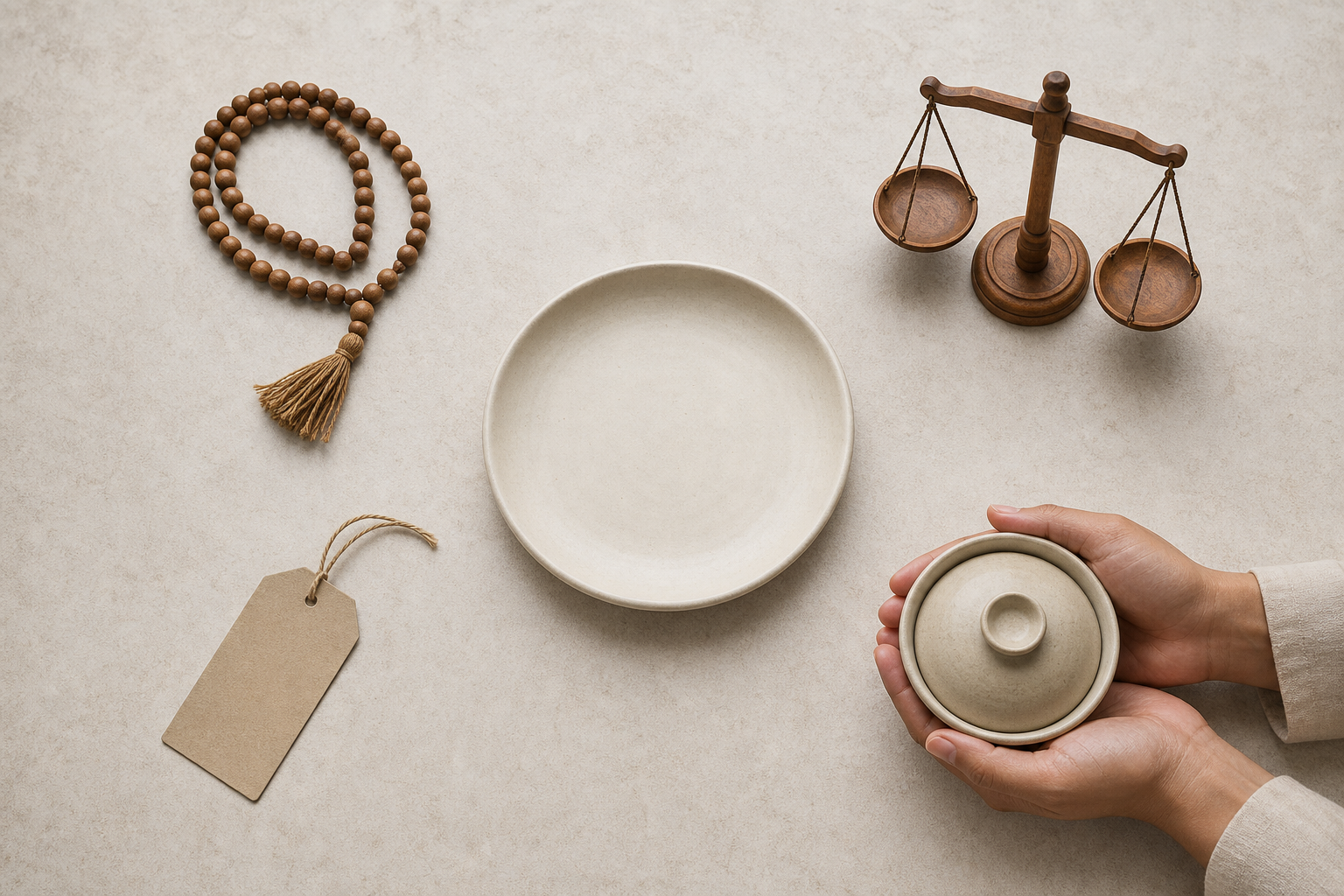 A ceramic plate surrounded by prayer beads, a balance scale, an unmarked tag, and hands offering a covered bowl.