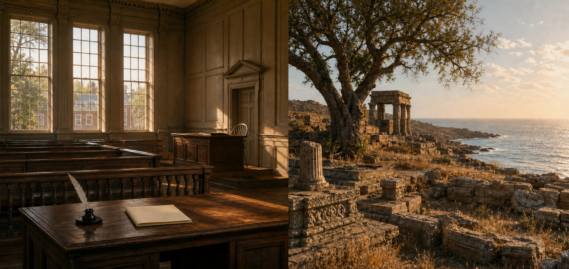 A split editorial scene pairs an eighteenth-century Virginia civic chamber with weathered temple remains on the Saurashtra coast.