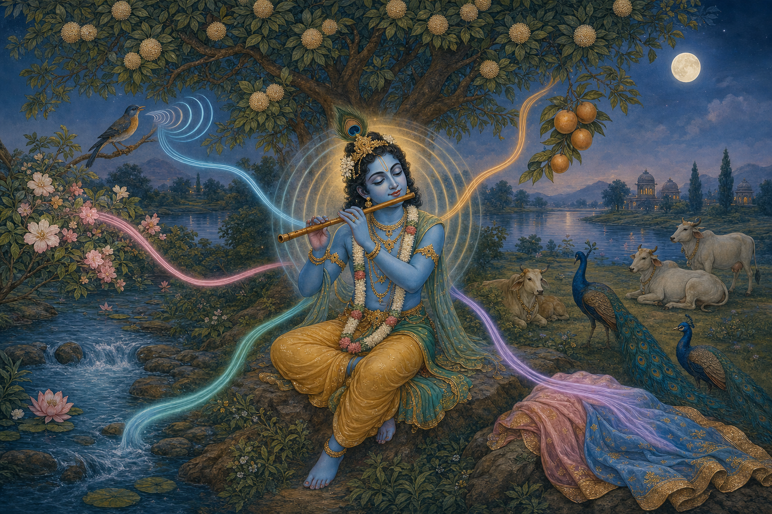 Krishna plays a flute beneath a flowering tree as five colored streams from natural sensory elements converge in calm patterns around him.