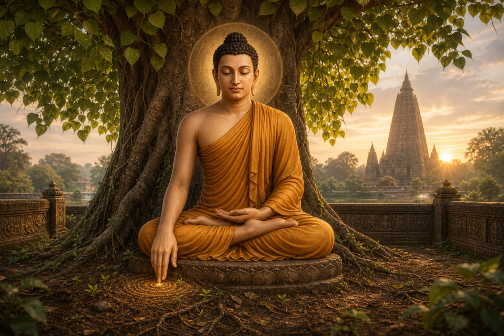 Buddha touches the earth while meditating beneath the Bodhi tree at dawn, with Bodh Gaya temple silhouettes in the distance.