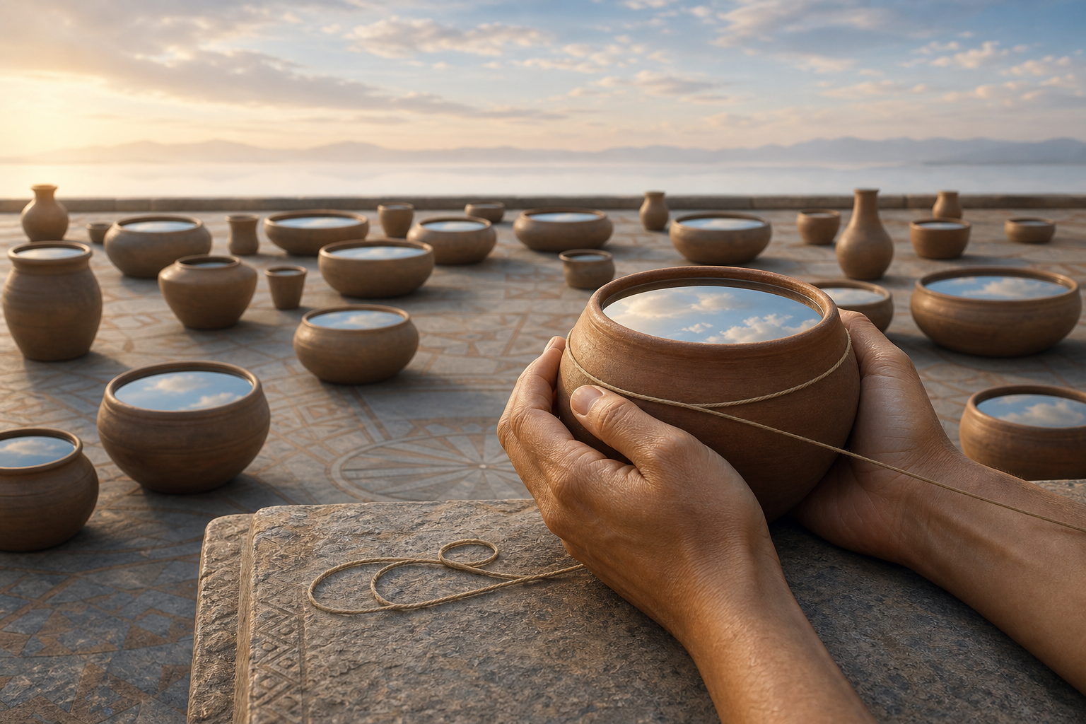 Hands draw one clay vessel close among many differently shaped vessels that all reflect the same sky.