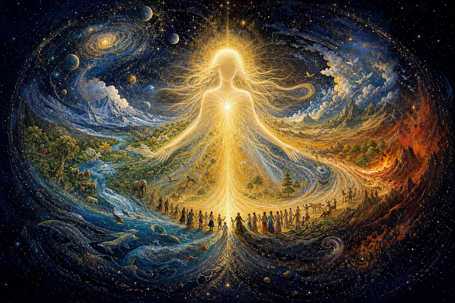 A radiant feminine silhouette is surrounded by galaxies, mountains, rivers, fire, animals, and people arranged in a circular cosmic field.
