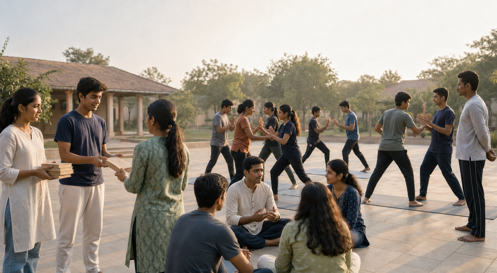 Young people distribute books, practise supervised self-defence drills, and speak with a mentor in a sunlit community courtyard.