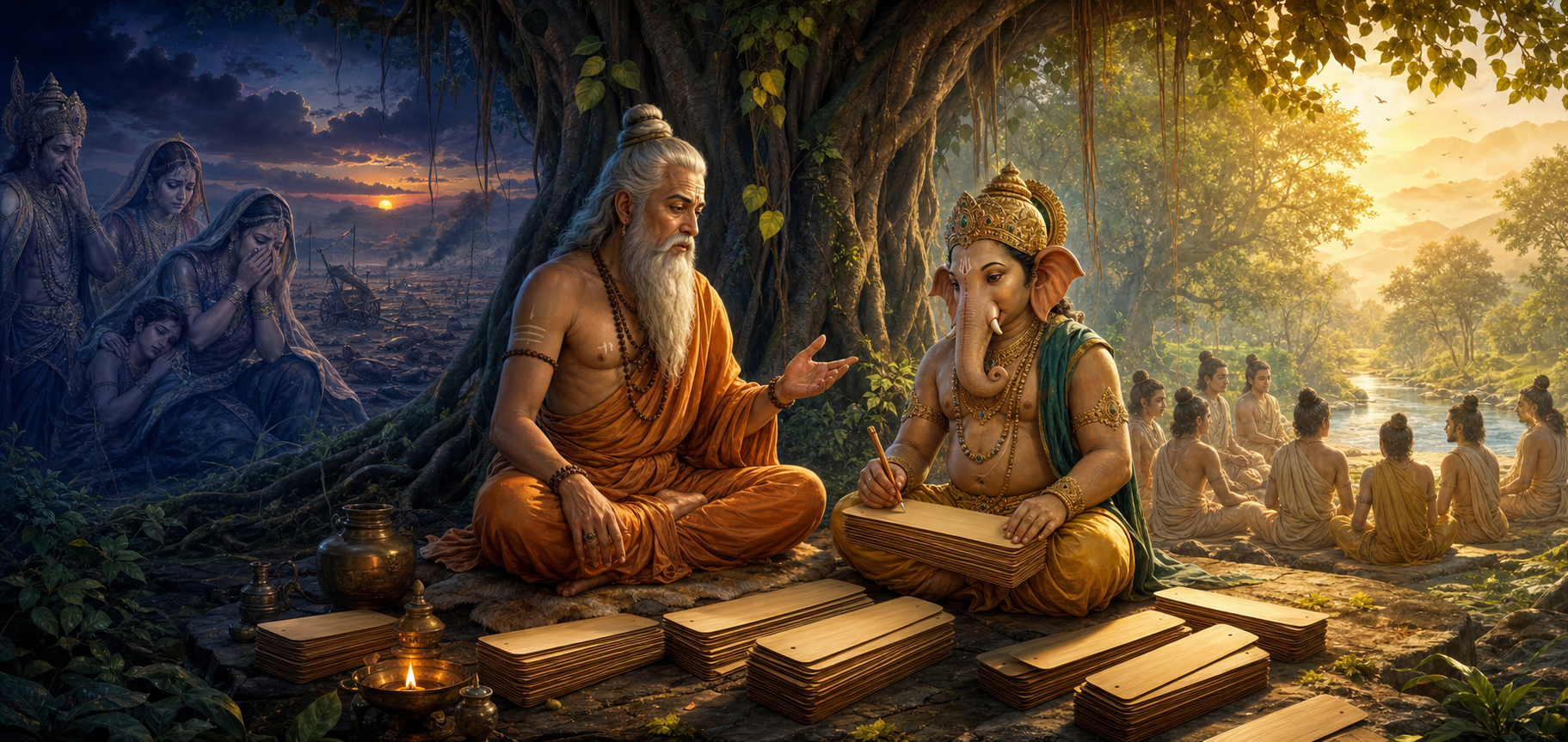 Vyasa dictates beside Ganesha under a banyan tree as visions of a grieving royal family, an empty battlefield, and listening students appear in the background.