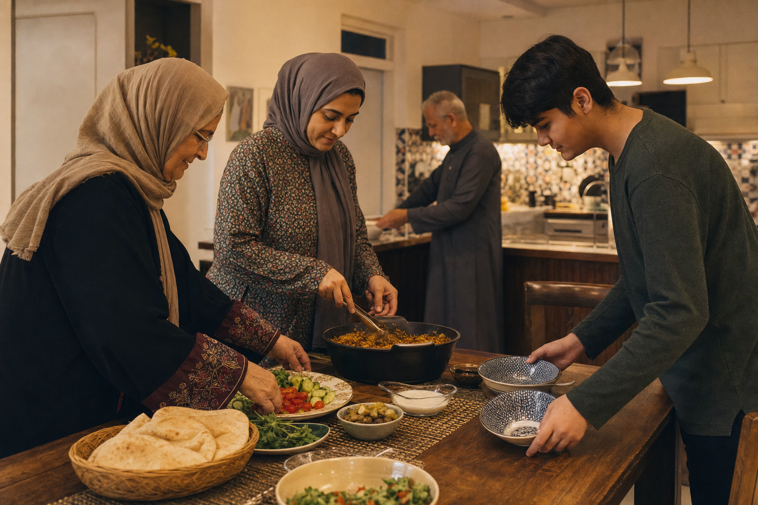 A multigenerational Muslim family prepares bread, vegetables, and serving bowls for a communal meal in a home kitchen.