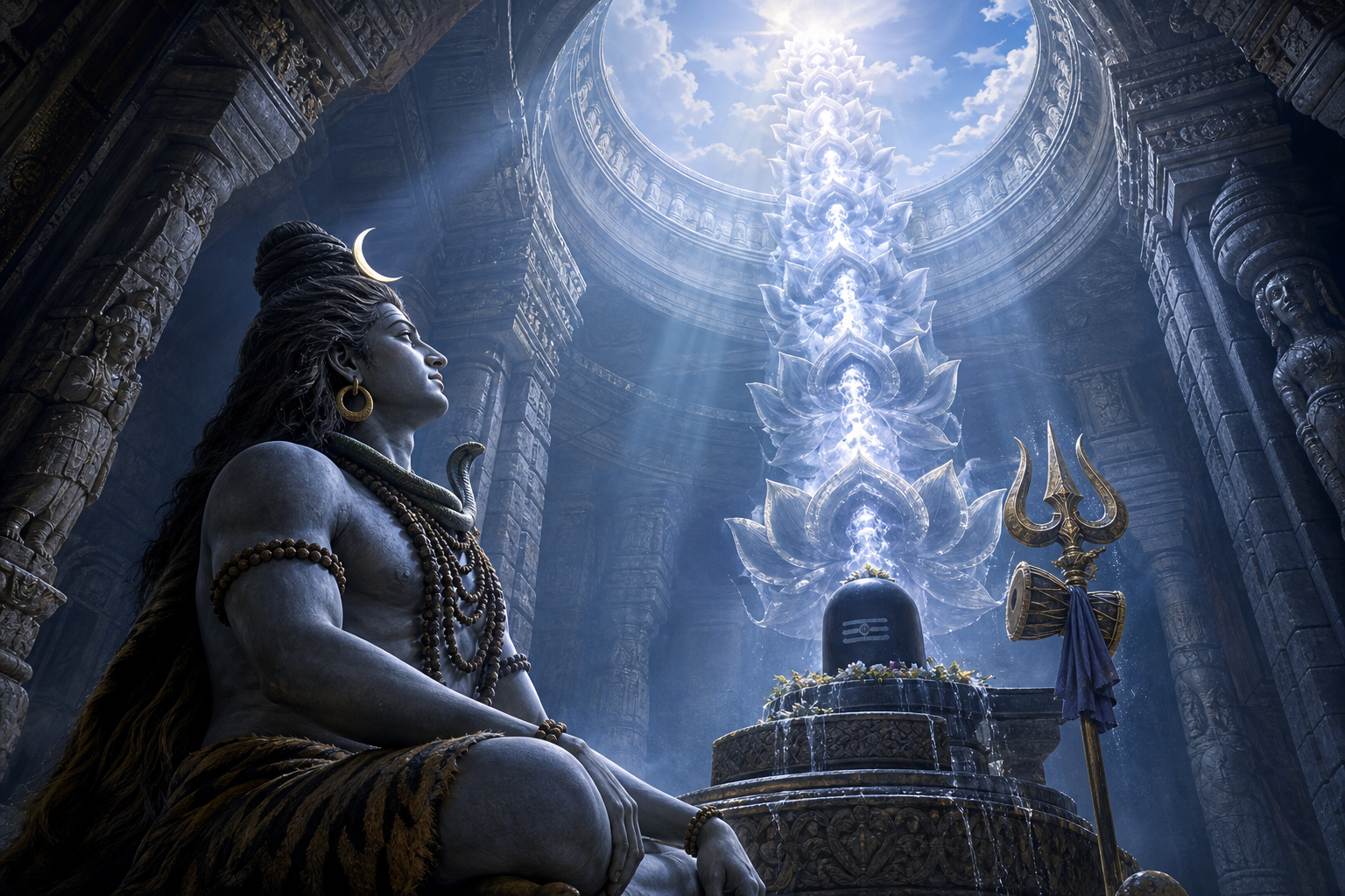 A serene Shiva figure in a stone sanctum faces upward toward a luminous opening, with a trident, drum, and rising column of light nearby.