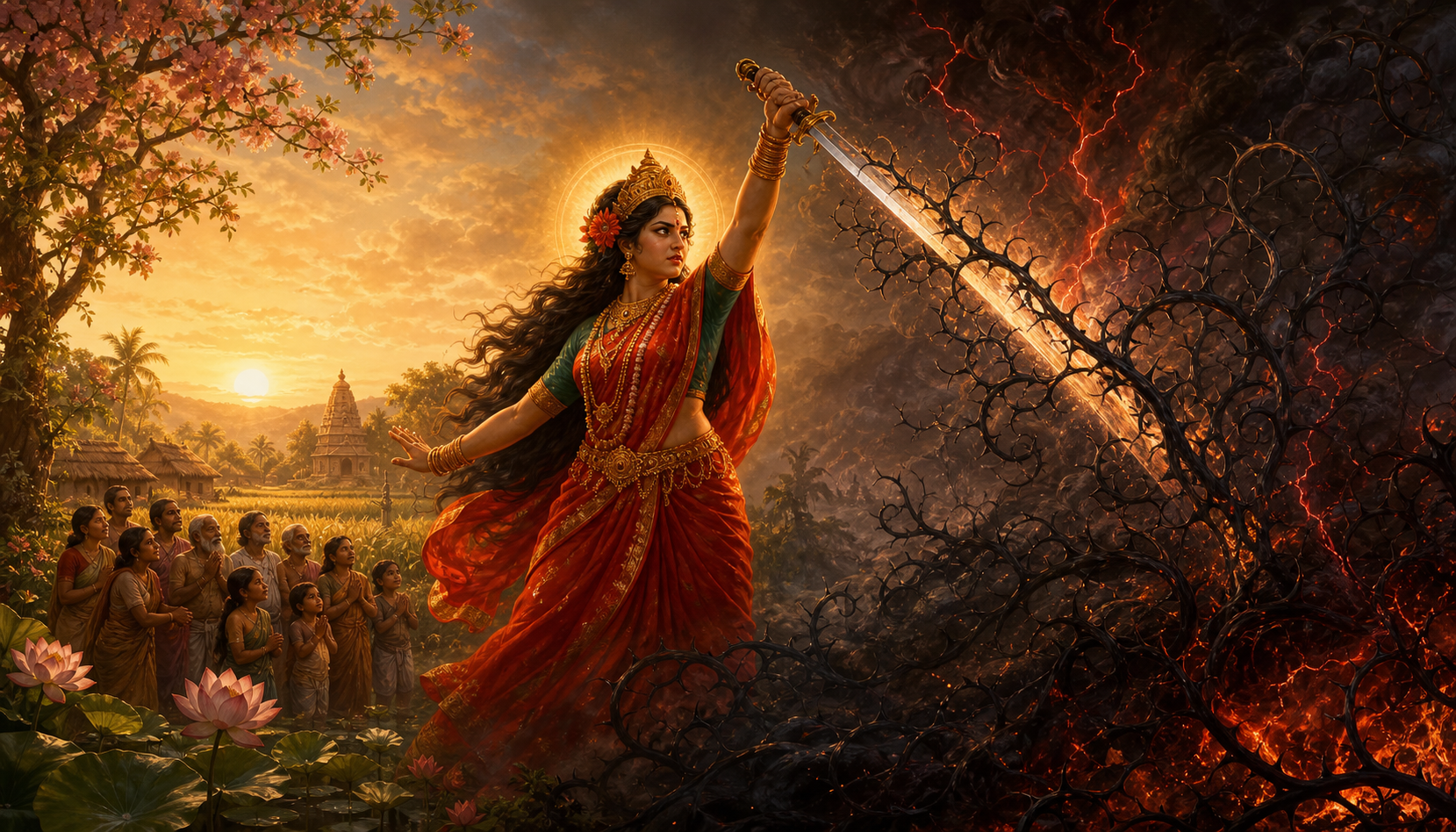 A maternal goddess protects a village, with flowers and sunrise on one side and storm clouds, fire, and severed thorny vines on the other.