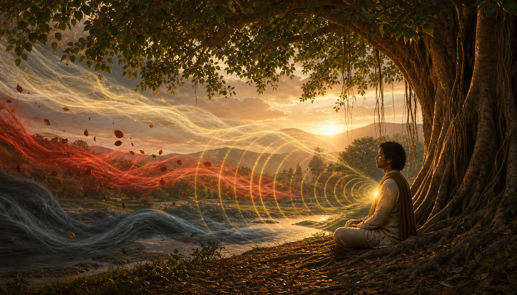 A person listens beneath a banyan tree as golden ripples pass through pale, red, and dark currents in the surrounding landscape.