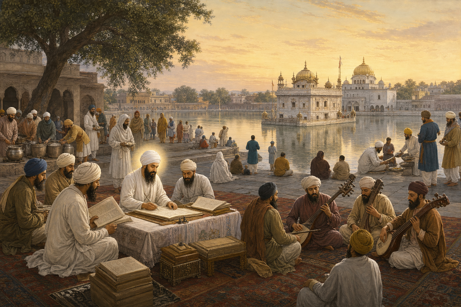 An illustrated early Amritsar scene with Guru Arjan Dev Ji and scribes near manuscript folios as musicians, artisans, and community-kitchen volunteers work beside the sarovar.