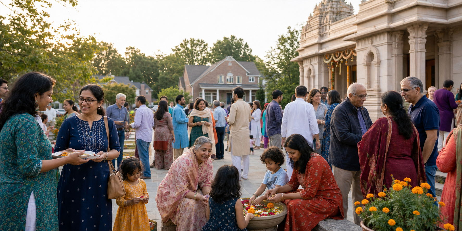 Hindu American families of several generations gather in the courtyard of a temple in a Virginia suburb.