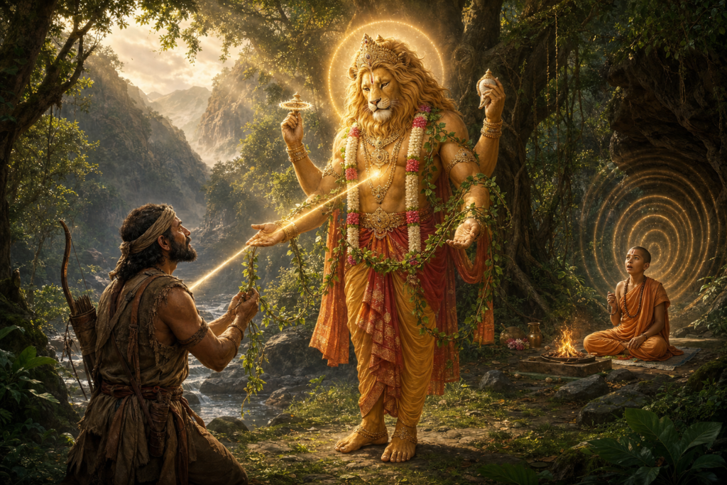 Bhagavan Narasimha compassionately receives a leafy vine from a kneeling hunter as the young ascetic Sanandana watches beside a sacred fire in a mountain forest.